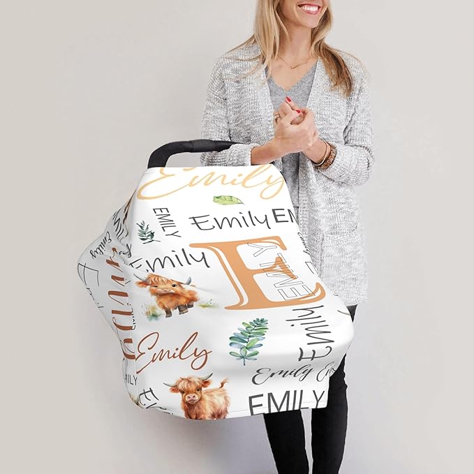 Personalized Car Seat Covers with Name, Highland Cow Baby Canopy Carrier Cover, Breathable Breastfeeding Nursing Cover, Stretchy Multi-Use Infant Carseat Stroller Cover