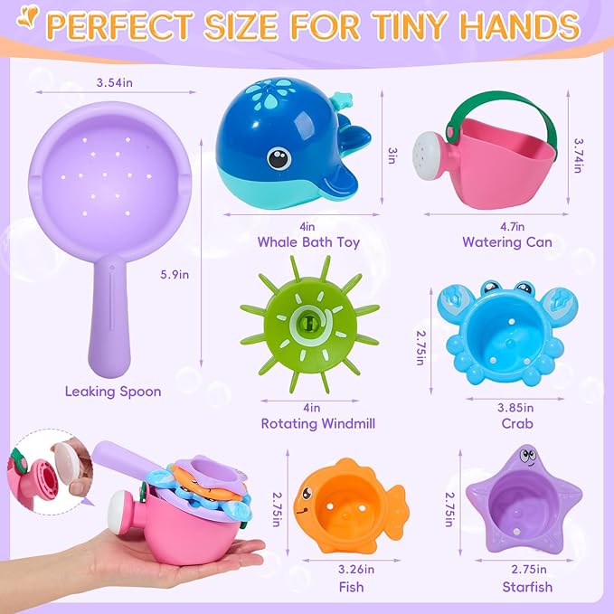 Baby Bath Toys for Kids Ages 1-3, Mold Free Toddler Bath Toys with 3 Stacking Cups & Spinning Wheel and Whale Bath Toy, Variety Bathtub Sand Beach Pool Water Table Toys for 1+ Year Old Boys Girl Gifts