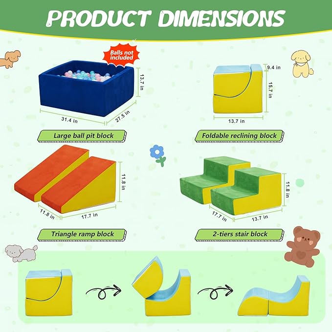 Foam Climbing Blocks for Toddlers, 6-Piece Soft Play Set with Ball Pit, Modular Baby Climbing Toys Indoor, Washable & Foam Playset for Crawling, Sliding & Balance (Balls Not Included)