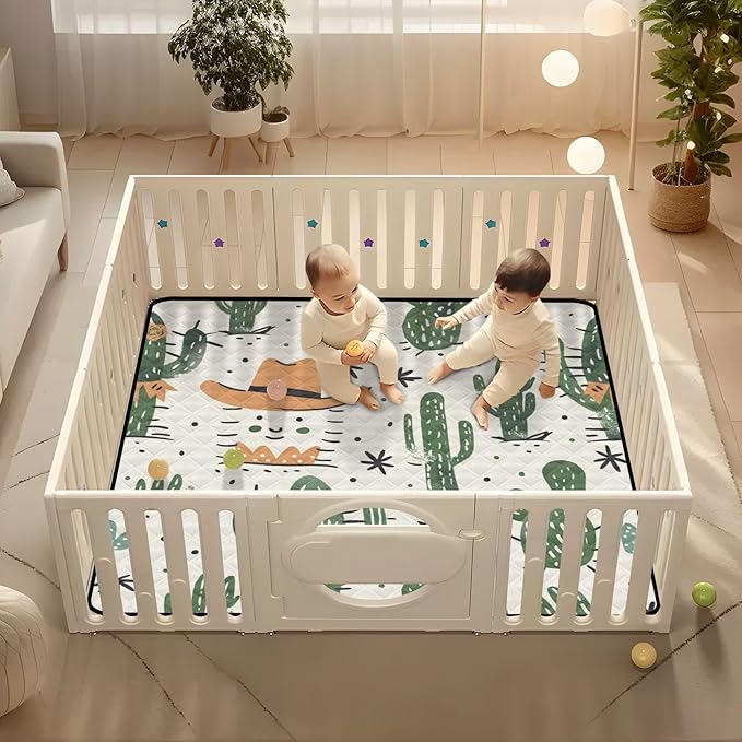 Baby Play Mat Green Cactus Cowboy Boho 50 x 50 Playpen Mat Baby Play Mats for Floor Play Gym Crawling Mat Non-Slip Cushioned Baby Playmat for Infants, Babies, Toddlers