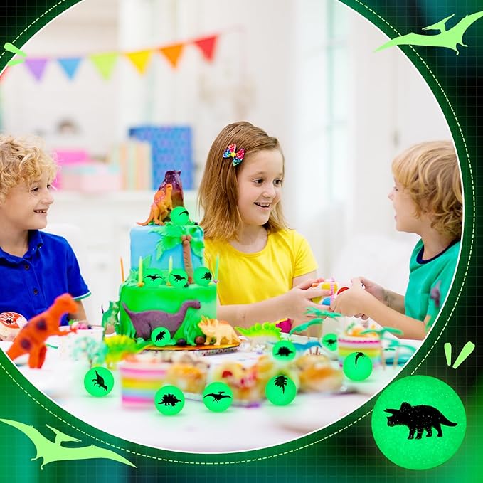 Seenelling 60 Pcs Dinosaur Glow in The Dark Bouncy Balls Dinosaur Birthday Party Favors for Kids Rubber High Mini Bouncing Balls Dino Themed Party Decorations Goodie Bags Stuffers