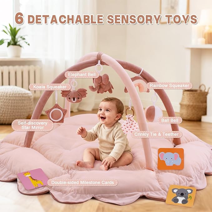 5-in-1 Baby Activity Gym & Play Mat with 6 Hanging Toys, Tummy Time Mat & Cards - Extra Large, Reversible Machine Washable Pad - Gift for Newborns, Infants 0-12 Months, Pink