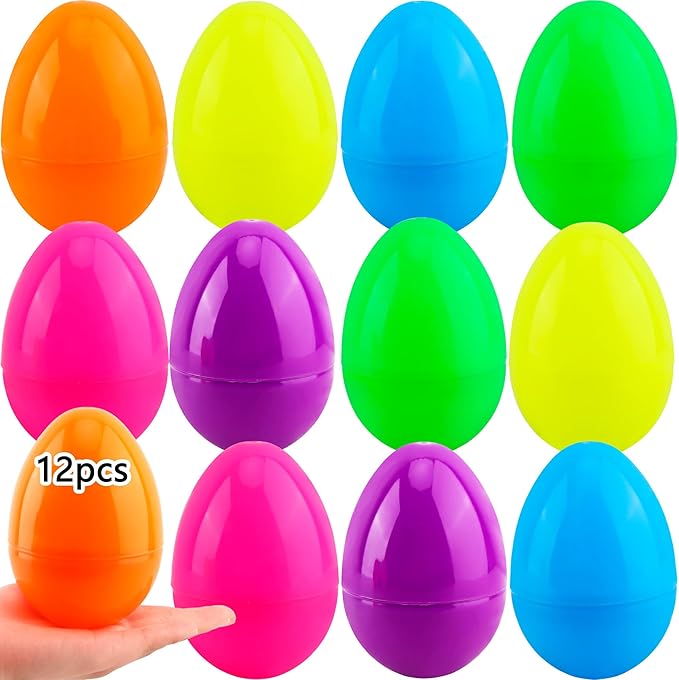 12 Pack 4 Inch/ 5 Inch/ 6 Inch Fillable Easter Eggs Colorful Large Jumbo Plastic Easter Eggs for Easter Basket Fillers Egg Hunt Party Supplies (6 Colors (5 Inch))