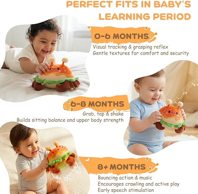 JoyCat Baby Toys 0-18 Months, Musical Crawling Crab Plush Toy - 38 Songs & Recording Feature, Bouncing Tummy Time Toy, Sensory Toys with Crinkle & Textures for Newborn Boys Girl Shower Gifts