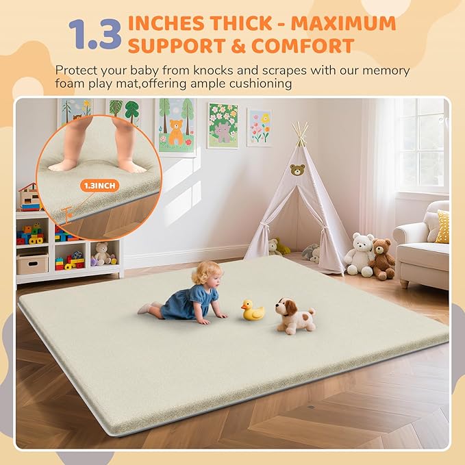 Omzer Baby Play Mat for Floor - 1.3" Thick Foam 71x79 Inch Playpen Mats with Removable & Washable Cover for Tummy Time, Soft Coral Velvet & Non-Slip Crawling Pad for Babies, Toddlers, Infants - Khaki