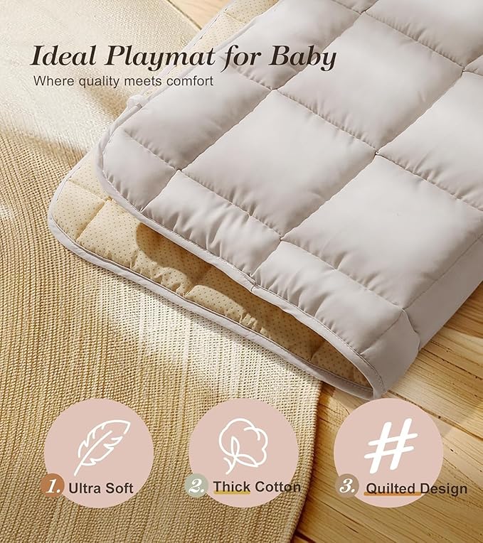 Wooden Play Gym with Beige Mat, Foldable Baby Play Gym, Infant Activity Mat with 6 Hanging Toys, Natural Pine Wood Frame Activity Center, Easy to Assemble & Clean, Newborn Present for Boys & Girls.