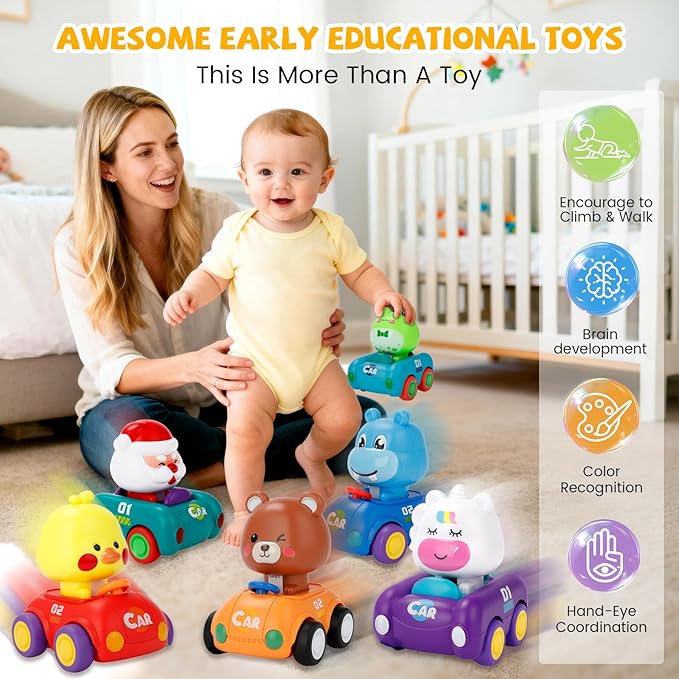 Press and Go Car Toys for Toddlers 1-3, Gifts for 1 Year Old Boy, 6 Pack Friction Powered Baby Push Cars, Infant Play Vehicle Set for 6-9-12-18 Months, 1st Birthday Gifts for 1-2 Year Old Boys Girls