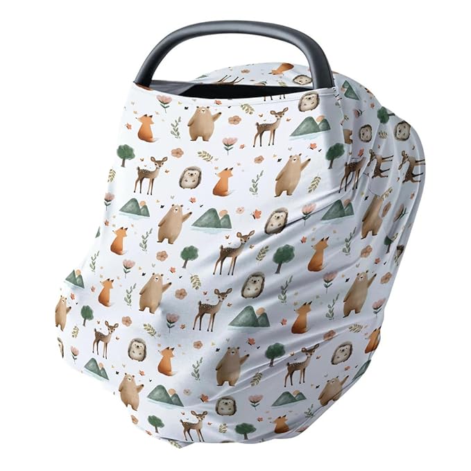 HawSkgFub Boho Animal 5-in-1 Car Seat Cover for Baby Boy Girl Gift, Bohemia Forest Bear Fox Deer Owl Privacy Breastfeeding Nursing Cover, Newborn Infant Multi-use Carseat Canopy Carrier