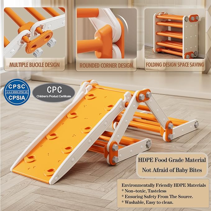 Indoor Jungle Gym,Kids Pikler Triangle Set,Multifunction Toddler Climbing Toys Foldable Montessori Play Gym with Slide(Orange)