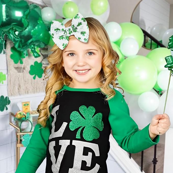 St.Patrick's Day 5 Inch Sequins Bow Hair Clips Clover Glitter Bow Green HairPins Alligator Barrettes Large Hair Bows Costume Hair Accessories for Girls Children Kids