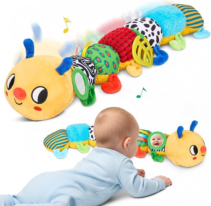 JoyCat Baby Toys 0-18 Months, Musical Crawling Caterpillar Plush Toy - 38 Songs & Recording Feature, Bouncing Tummy Time Toy, Sensory Toys with Crinkle & Textures for Newborn Boys Girl Shower Gifts