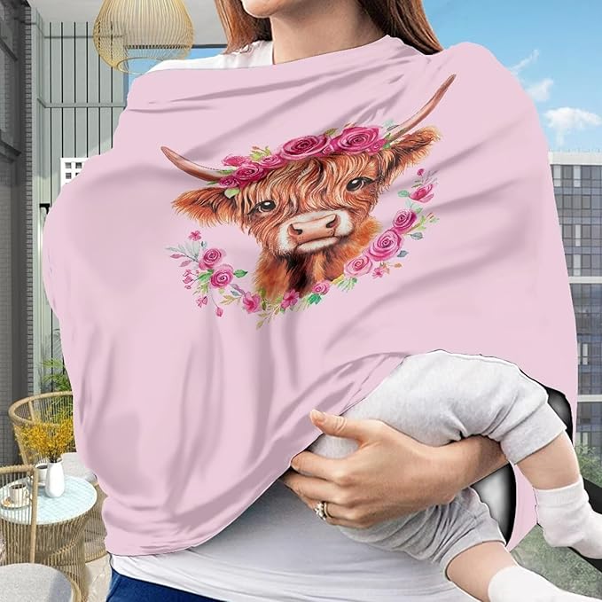 Wanyint Baby Car Seat Cover Stretchy Carseat Canopy Baby Breastfeeding Stroller High Chair Shopping Cart Cover Infant Nursing Scarf for Valentine's Day, Highland Cow Rose Floral