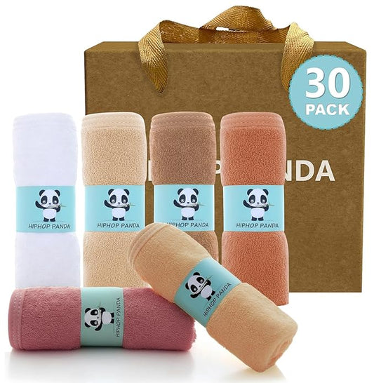 HIPHOP PANDA Baby Washcloths, Rayon Made from Bamboo - 2 Layer Ultra Soft Absorbent Newborn Bath Face Towel - Reusable Baby Wipes for Delicate Skin - Blush and Mocha, 30 Pack