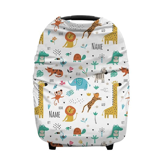 Personalized Baby Car Seat Cover for Boys Girls, Custom Nursing Covers for Breastfeeding with Name, Infant Stroller Cover, Baby Carseat Canopy for Newborn, Multiuse Car Seat Canopies, Zoo Animals
