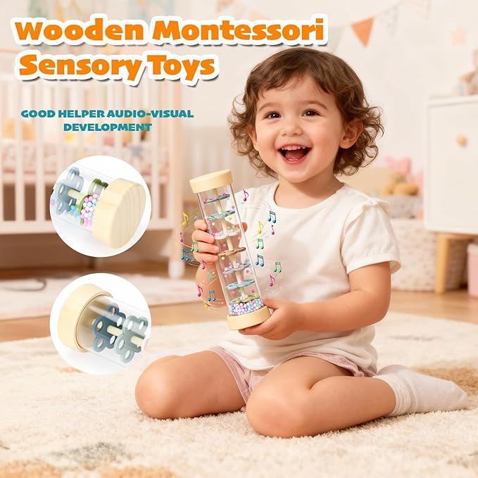Rain Stick Baby Toy, Montessori Baby Toys for 6–12 Months & 1 Year Old, Wooden Sensory Baby Rattle with Rainmaker Sound, Gentle Shake Volume Control & Extended Play Time – Infant Musical Toy