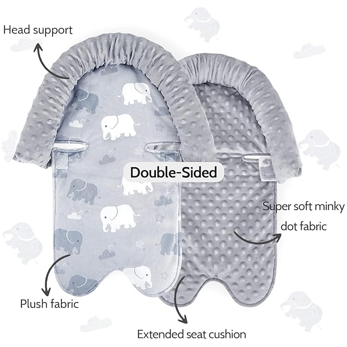 TANOFAR Baby Car Seat Insert and Strap Covers, Gray Carseat Head Support for Boys, Soft Unisex Cushion Fit for Car Seats, Stroller, Bouncers, Elephant
