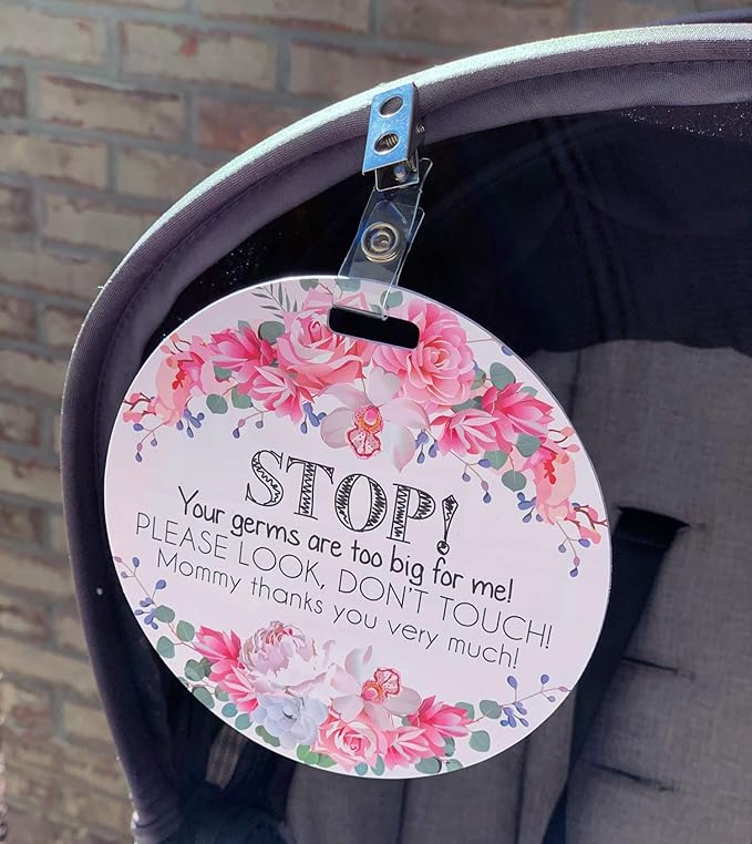 Three Little Tots Baby No Touch Sign - No Touching Baby Car Seat and Stroller Sign - Blue, Flower Style - Plastic, Small Signage (12 x 18) inch - Personal Use