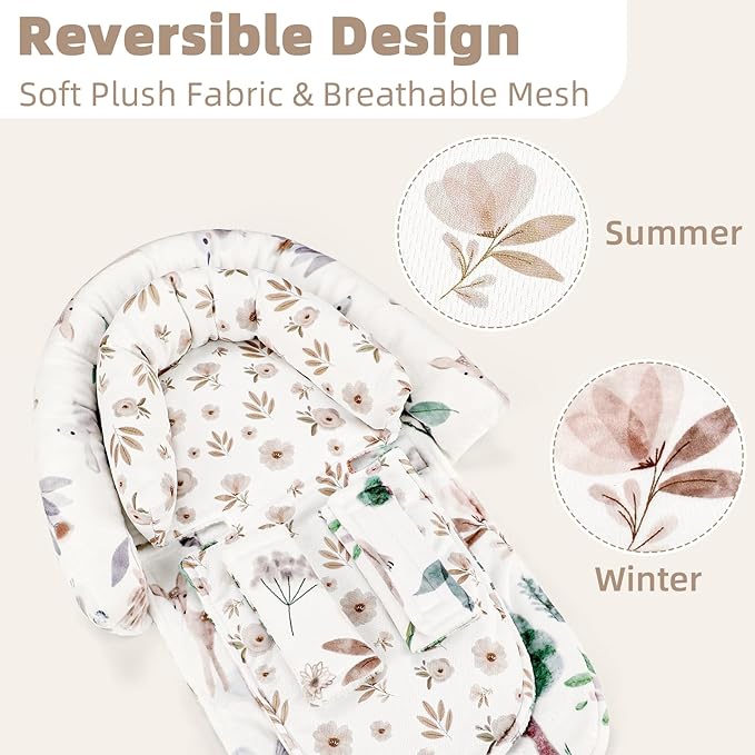 2-in-1 Infant Car Seat Insert, Upgraded Newborn Carseat Insert, Breathable & Soft Baby Car Seat Head Support with 2 Strap Covers for Girls, Perfect for Carseat, Stroller, Swing, White Animals