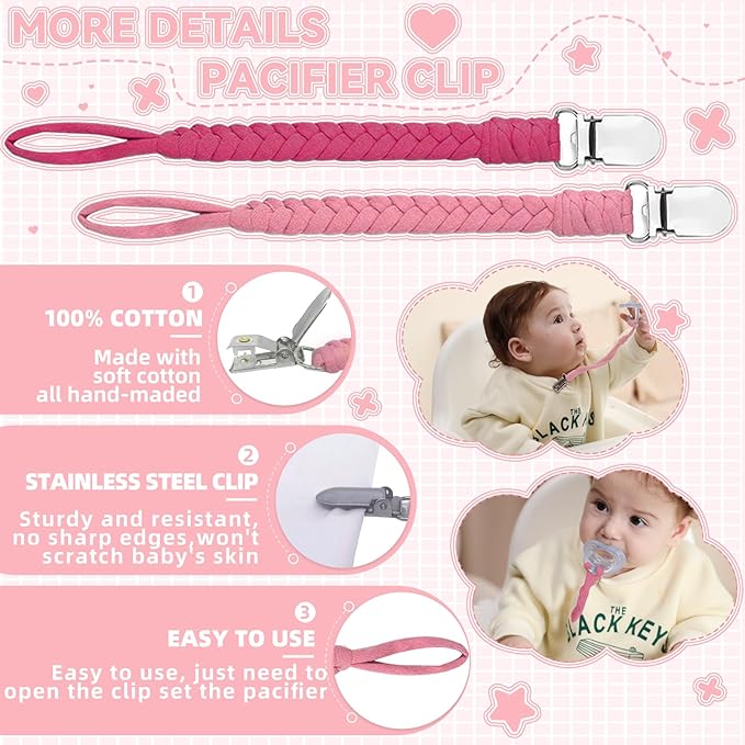7 Pcs Pacifier Clip, Pacifier Clips for Boys & Baby Girls Pacifier Holder Clip Binky Clips Braided 100% Handmade Fits All Pacifiers(Pink, 7 Pack)