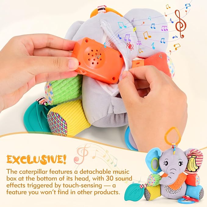 Baby Toys 0-12 Months Elephant with Detachable Touch-Sensitive Sound Box, 30 Sounds, Removable Bib, Teether, Rattle, BB Squeaker, Mirror for Strollers, Car Seats, Carriers