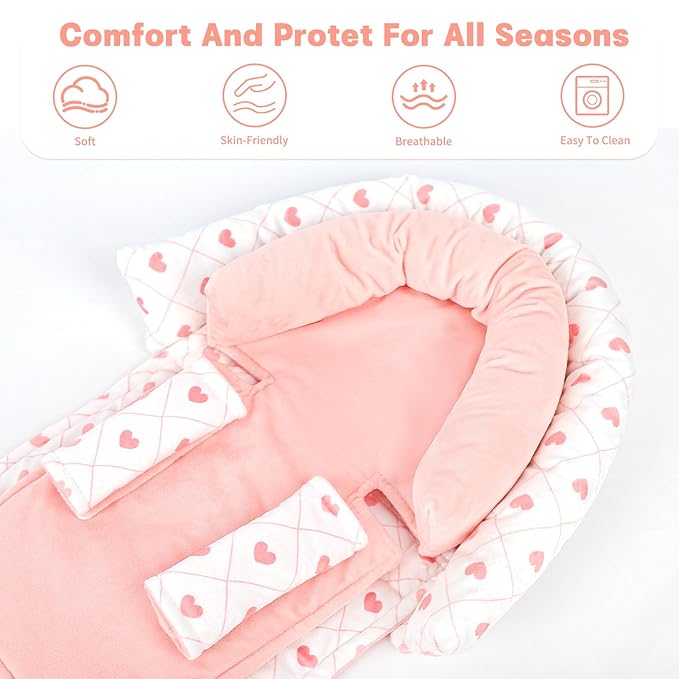 Infant Car Seat Insert, Baby Car Seat Head & Body Support with 2 Strap Pads, Ultra Soft Newborn Preemie Carseat Insert Cushion for Girls Boys, Fits Car Seat, Stroller, Swing, Bouncer, Pink