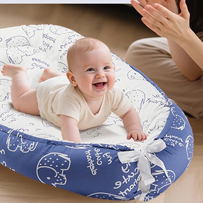 Baby Lounger for Newborn (0-24 Months) - 100% Cotton Baby Nest with Handles, 2-in-1 Play Mat & Diaper Changing Pad, Portable for Home & Travel, Infant Essentials Gifts (Elephant Blue)