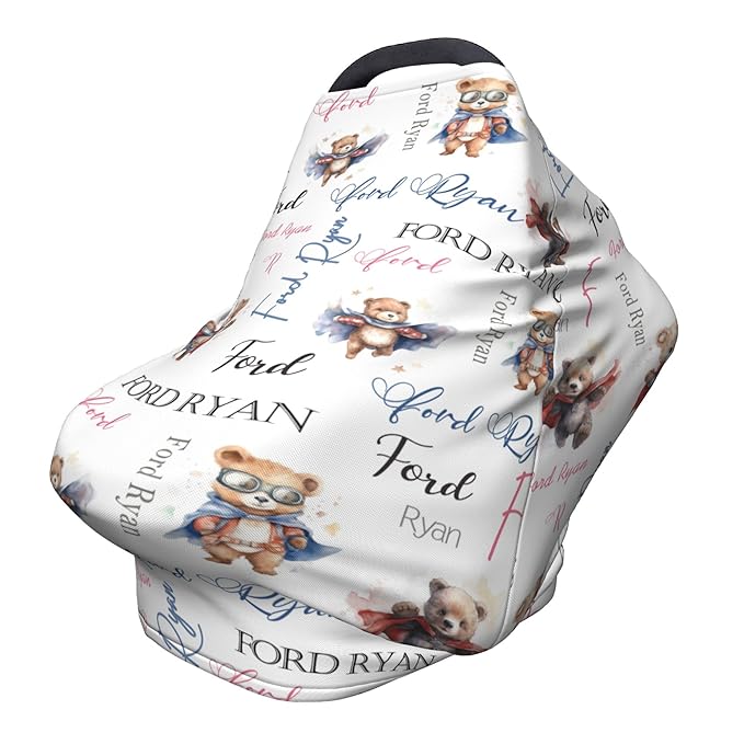 Personalized Baby Car Seat Covers for Babies, Custom Bear Nursing Breastfeeding Carseat Canopy with Name, Infant Stroller Covers for Newborn Girls Boys, Breathable Carseat Cover