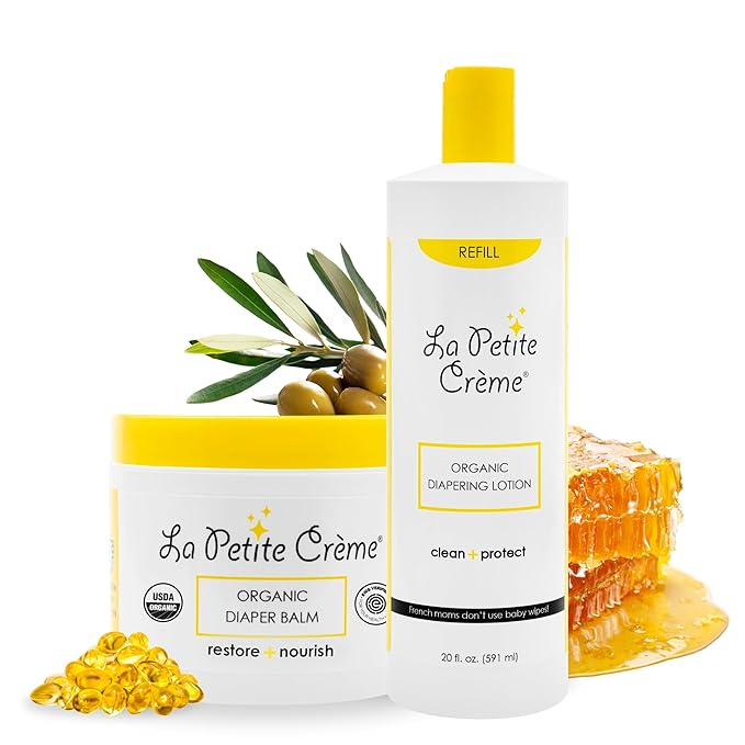 La Petite Creme French Premium Diapering Lotion (20 oz) & Organic Diaper Balm (4 oz) - Healing and Nourishing Diaper Cream, Gentle & Safe Liniment Baby Lotion - USDA & EWG Certified - Baby Essentials