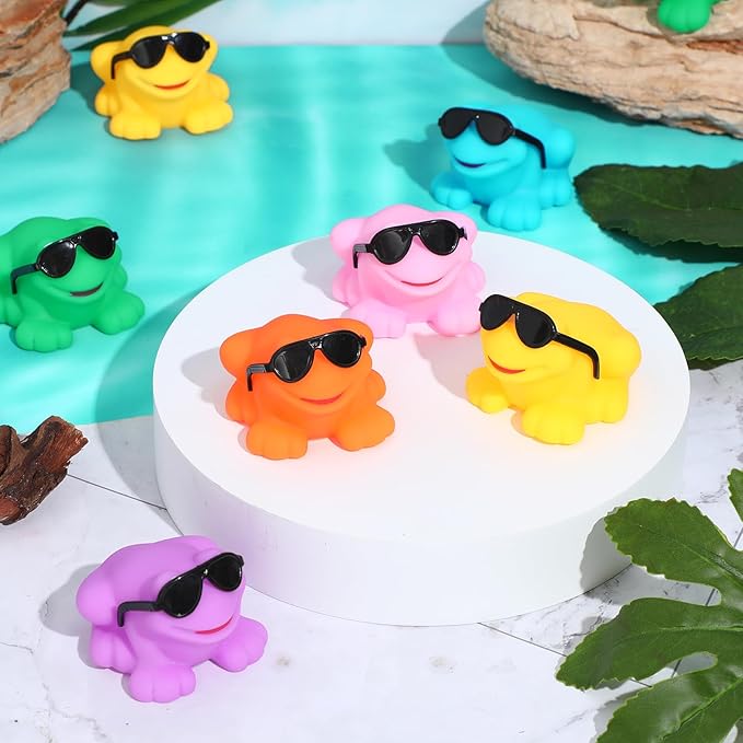 Halloscume 36 Pack Rubber Frogs Bulk Small Squeaky Frog Toy Mini Floating Frogs with Sunglasses for Spring Birthday Party Valentine's Gift Classroom Exchange Gift Prize, Colorful