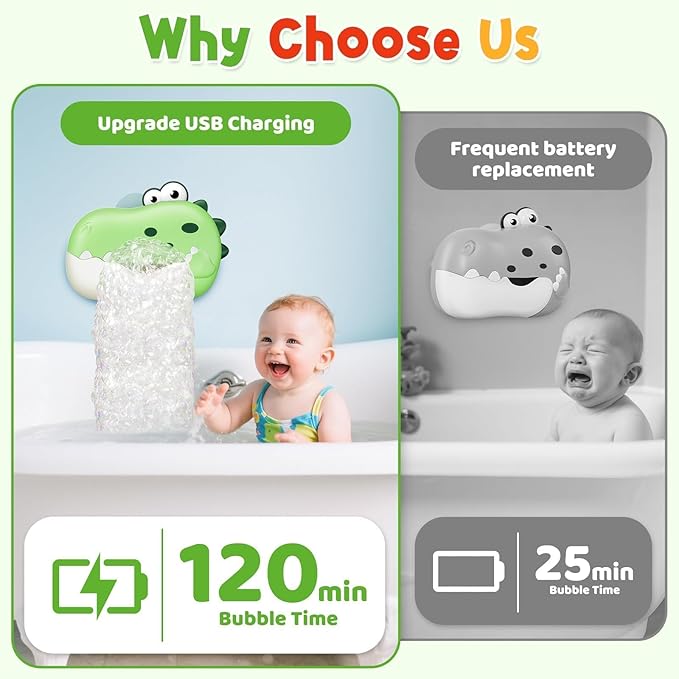 Baby Bath Toys, Rechargeable Dinosaur Bath Bubble Machine with Music, Bathtime Bathtub Toys for Toddlers Birthday Easter Gifts, Bubble Maker Toys for Kids Ages 1-3 4-8 Baby Gifts(Green)
