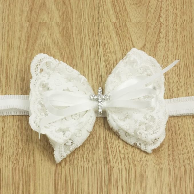 White Baby Bow Headband for Baptism Christening Satin Lace Hair Band with Cross for Toddler (Embroidery Lace white bow-6, 0-6 months)