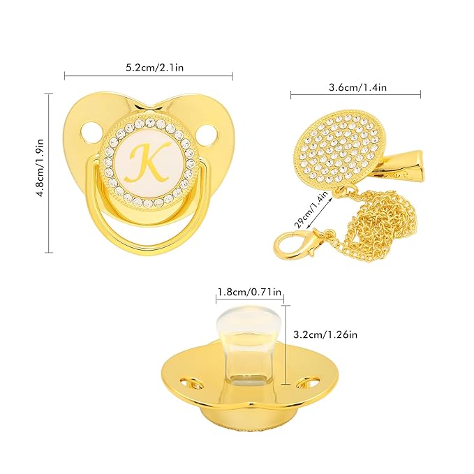 Baby Pacifier, Pacifier Curved Design 26 Letters Baby Pacifier with Chain Clips for Newborn (K)