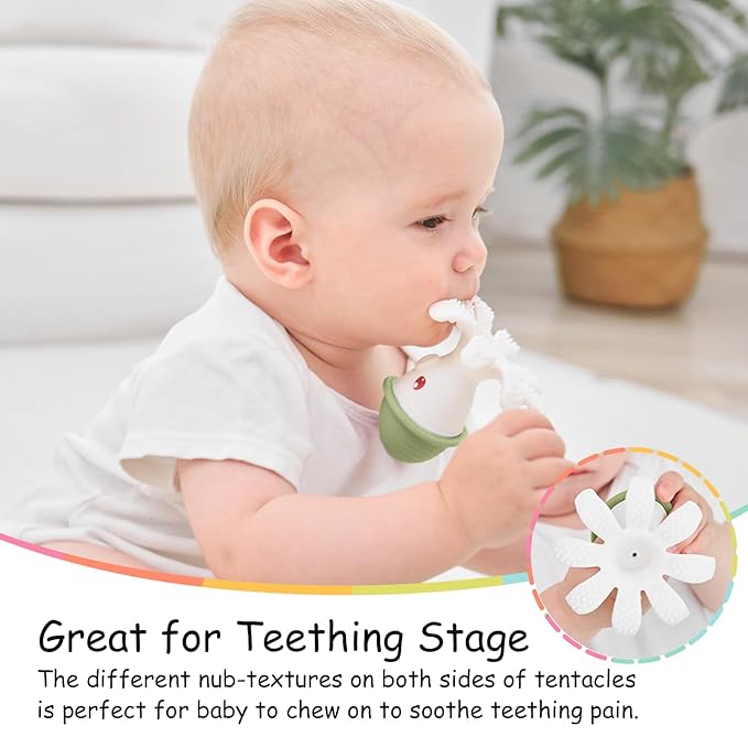 Mombella Octopus Teether for Babies 3 Months Up, Soft Silicone Infant Teething Toy, Functional Baby Chew to Soothe Sore Gums, BPA Free, Grass Green