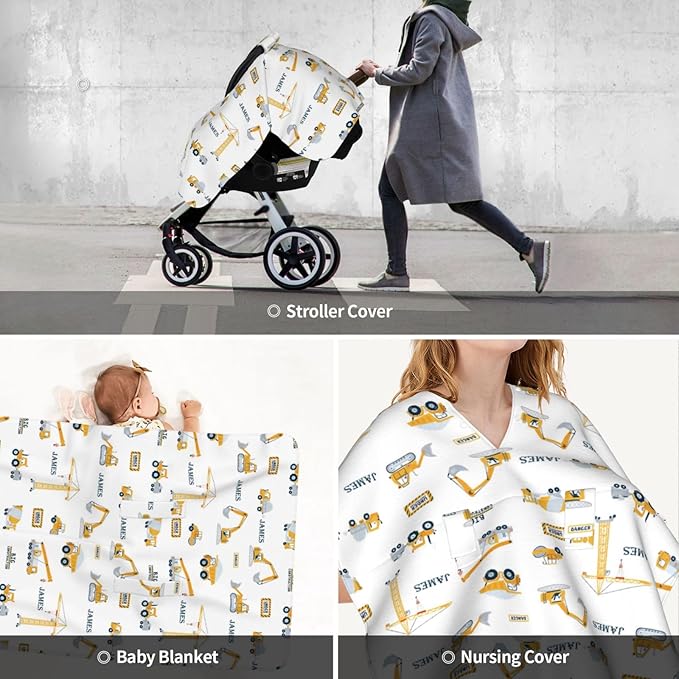Personalized Baby Car Seat Canopy for Babies with Name, Custom Construction Vehicle Stroller Car Seat Covers for Boys, Nursing Carseat Cover for Breastfeeding, Car Seat Canopies for Infant Newborn