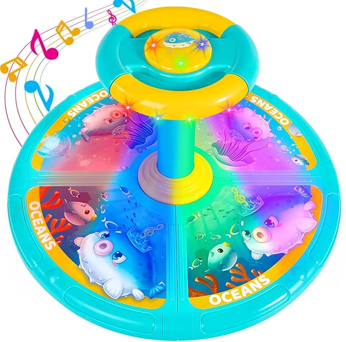 GODELAIF Sit and Spin, Christmas Birthday Gift Toddlers Sit and Spin Toy for 1-2 3 4 Years Old Girl Boy, 360° Ocean Interactive Sensory Spinning Toys for Ages 2-10 Kids LED & Sound with Free Stickers