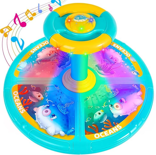 GODELAIF Sit and Spin, Christmas Birthday Gift Toddlers Sit and Spin Toy for 1-2 3 4 Years Old Girl Boy, 360° Ocean Interactive Sensory Spinning Toys for Ages 2-10 Kids LED & Sound with Free Stickers