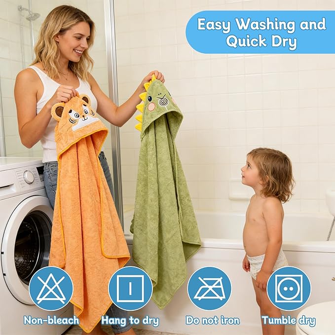 14 PCS Baby Bath Towels Set, 4 PCS Large 31"x31" Animal Hooded Towels & 10 Washcloths, Thick & Ultra Absorbent for Newborns Infants Toddlers 0-5 Years, Soft for Boys