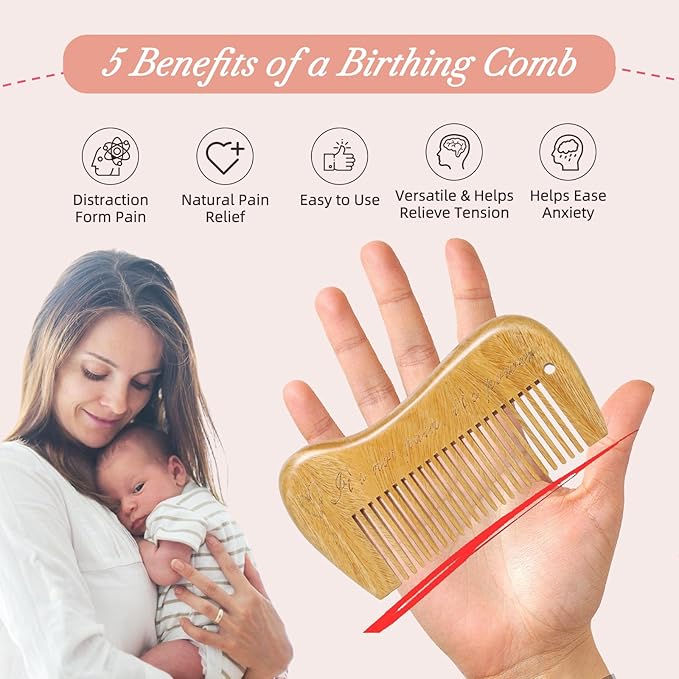 Sandalwood Birthing Comb For Labor Pain Relief & Delivery - Labour Gifts with Birth Affirmation For Women- Wood Comb For Pregnancy Contraction