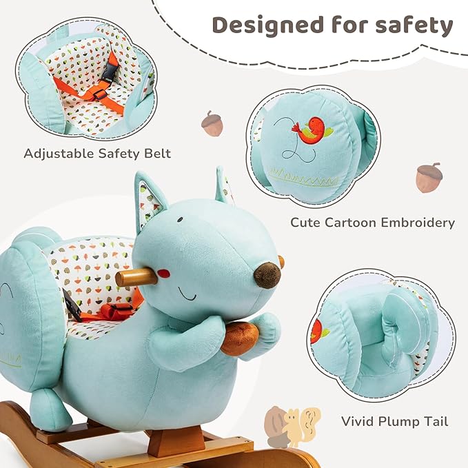 labebe Baby Rocking Horse, Blue Squirrel Rocking Horse for Toddler 1-3 Age Boy&Girl, Plush Rocking Squirrel with Seatbelt for 6 Months Babies, Children Ride-on Toy Wooden Animal Rocker