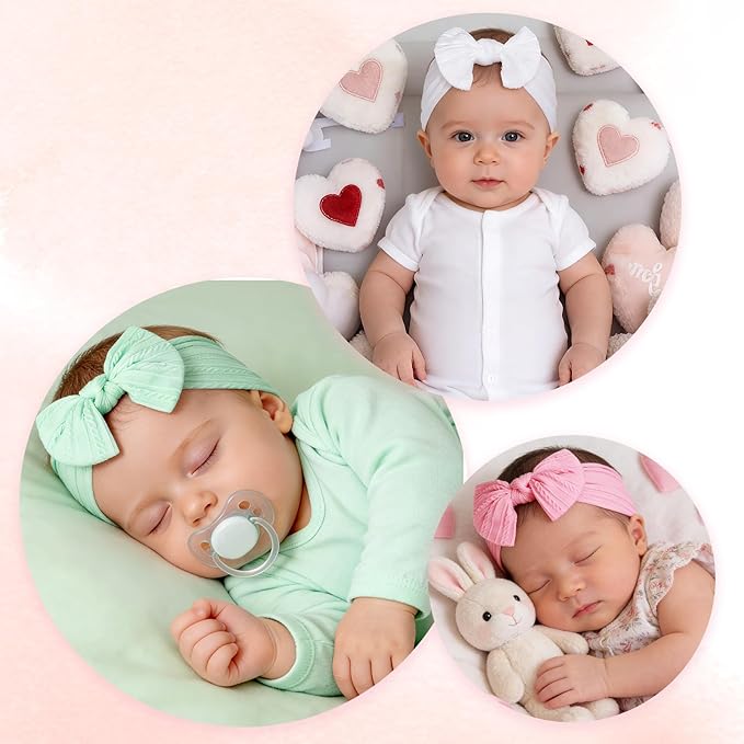 baotongle 3pcs Baby Girls Headbands Soft Stretchy Nylon Hair Bands Hair Accessories with Bows for Newborn Baby Girls Infant Toddlers Kids(White,Light Green,Deep Pink, 5.7inches)