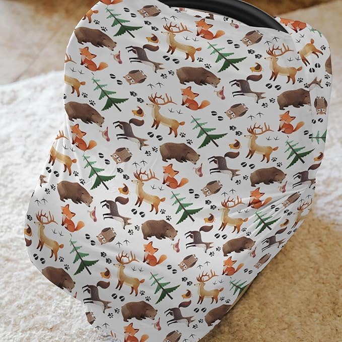 Cute Animals Baby Car Seat Covers Animal Tracks Bear Raccoon Moose Wolf Owl Fox Stretchy 5-in-1 Cover Adjustable Infant Carseat Canopy Cover Cartoon Forest Animal Breathable Nursing Cover-Up