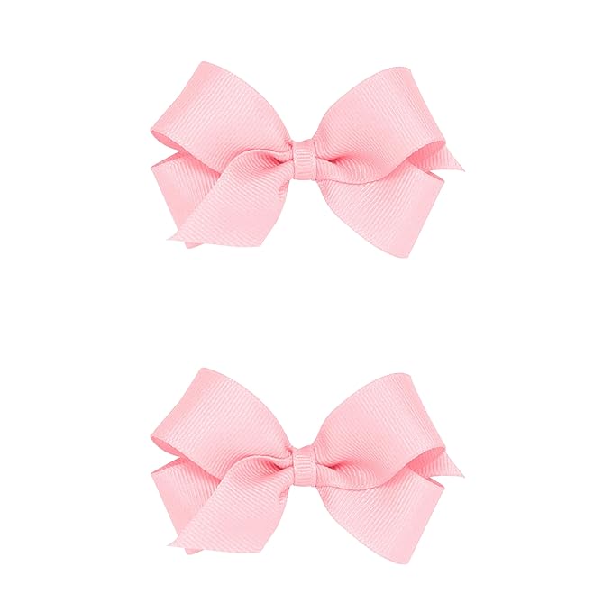 Wee Ones Girls 2 Pack Grosgrain Hair Bows with Plain Wrap Centre on a Wee Stay No Slip Clip, Mini, Light Pink