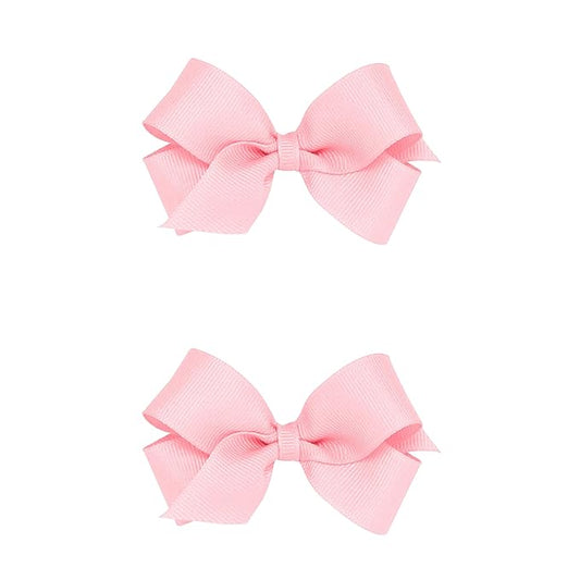 Wee Ones Girls 2 Pack Grosgrain Hair Bows with Plain Wrap Centre on a Wee Stay No Slip Clip, Mini, Light Pink