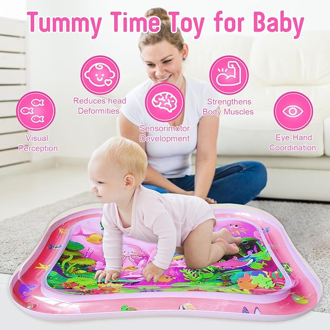 Baby Water Mat Large 37.4"x29.9", Safe Inflatable Tummy Time Water Play Mat for Infants & Toddlers with Climate Pledge Friendly, Newborn Sensory Water Pad for Christmas Gift (Pink)