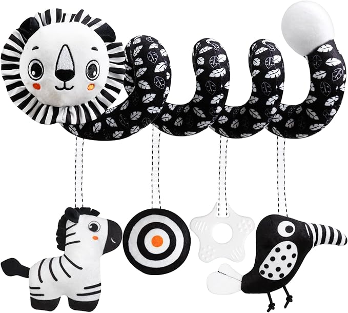 GKDOMS Baby Carseat Toy Black & White Rattle Spiral Hanging Activity Stroller Toy for Newborns Boys and Girls - Lion