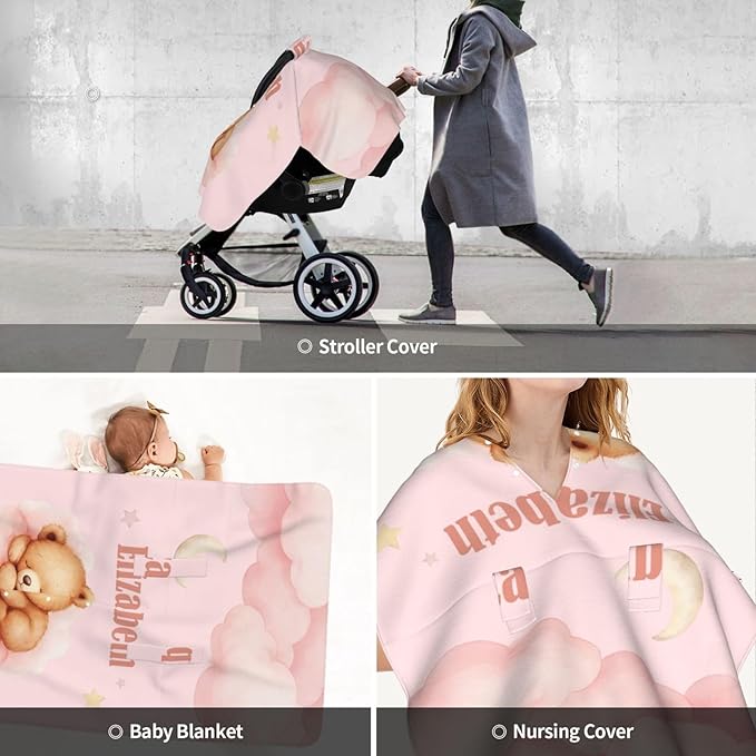 Custom Baby Car Seat Cover with Name – Personalized Bear Pink Nursing Cover, Infant Carseat Canopy, Shopping Cart Cover – Soft, Breathable & Warm – Ideal Shower Gift for Baby Girls