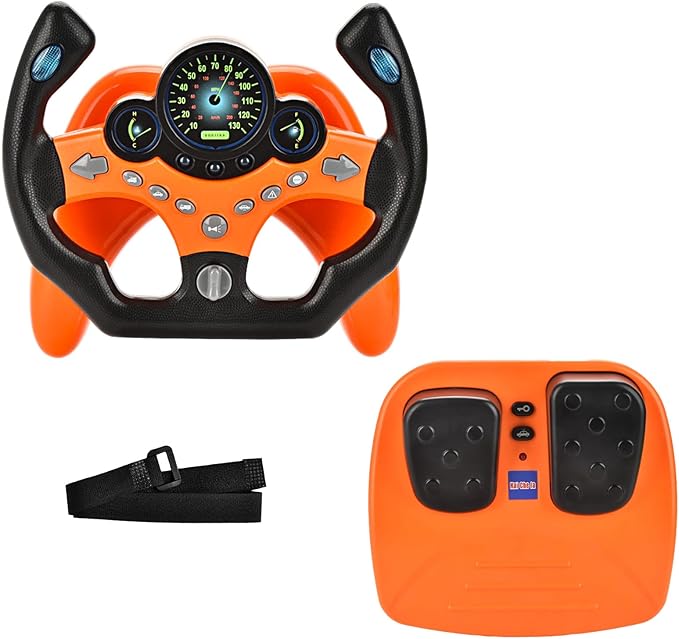 RedCrab Steering Wheels with Brake and Gas Pedals Toy for Kids,Pretend Driving Seat Toys with Light and Music,Simulated Driving for Toddlers,Baby Electric Early Learning Educational Toys (Orange)