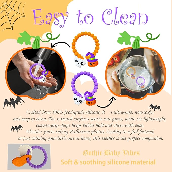 BIGSPINACH Halloween Teething Ring, Silicone Baby Teether with Witch and Cat Design, BPA-Free Infant Teething Toy, Easy to Hold,Safe for Babies and Toddlers (Colorful, Pumpkin＆Ghost) 2PC
