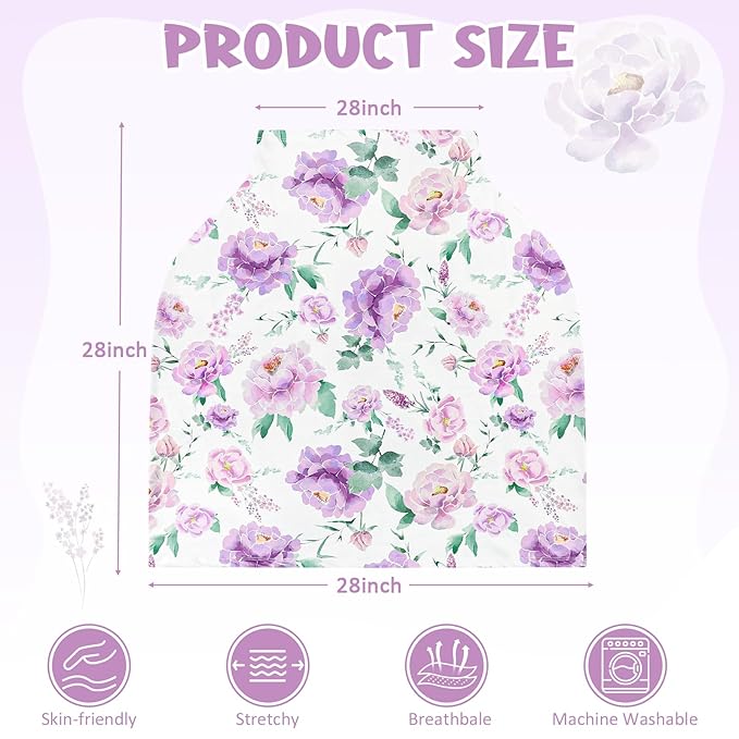 Baby Car Seat Cover Girls, Infant Carseat Canopy, Stretchy Multi- use Nursing Cover for Stroller/High Chair/Shopping Cart/Car Seat Canopies (Purple Floral)