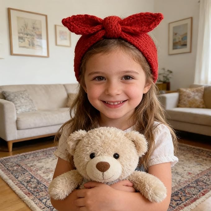 IZUS Turban Headband Baby Girl - Warm Rabbit Knot Hair Band, Knit Head Wrap for Newborn, Toddler and Children (Red + Beige)